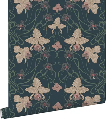 Zdjęcie produktu dla ESTAhome Tapeta vintage kwiaty w stylu secesyjnym ciemnoniebieskim,beżowymIszaro zielonym 50 x 900 cm