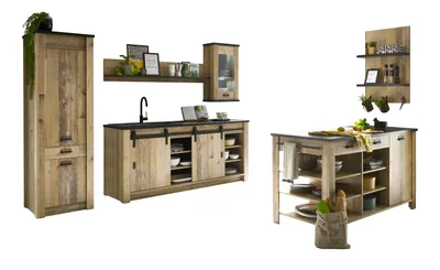 Produktbild von Küche mit Kochinsel "Stove" in Used Wood Küchenschrank Set 6-teilig