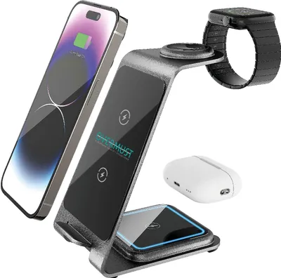 Obrázok produktu pre Overmust Bezdrôtová magnetická nabíjačka 3 v 1 čierna FOVMWSC17964 pre iPhone Samsung AirPods