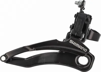 A black bicycle front derailleur is shown against a white background.