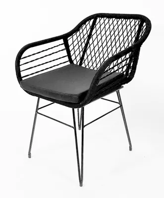 A black chair with a woven back and a cushion, photographed against a white background.