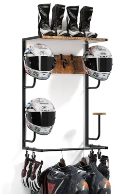 Immagine prodotto di Porta-casco da parete in legno rustico - Supporto per casco da moto - Organizer con 4 ganci regolabili - Ideale per riporre caschi, berretti, attrezzatura sportiva - Colore marrone