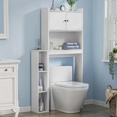 Produktbild von Waschmaschinenschrank mit 2 Türen - Weißer Badezimmerschrank 20x84x160 cm mit verstellbarem Einlegeboden & Seitenfach, 6 Fächer für Waschküche, Toilette & Bad