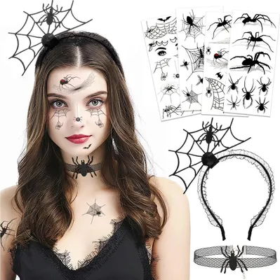 Obrázek produktu pro HOWAF Spider Hairband Halloween Costume Cobweb Headband Necklace Black Spider Tattoos