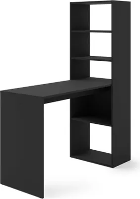 A black desk with shelves attached to the side, shown from a slight angle against a white background.