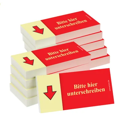 Produktbild von PRICARO Haftnotizen "Bitte hier unterschreiben", Pfeil unten, rot, 100 Blatt, 10 Stück