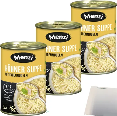 Produktbild von Menzi Hühnersuppe mit Fadennudeln 3er Pack (3x400ml Dose) + usy Block