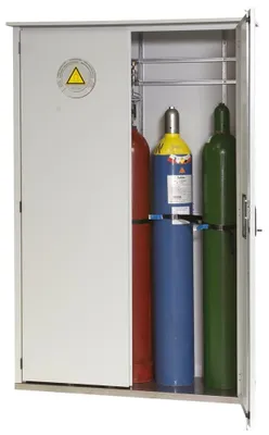 Produktbild von Druckgasflaschenschrank, zur Außenaufstellung, 5 Flaschenplätze, BxTxH 1350x400x2150 mm, verzinkt + RAL 7035
