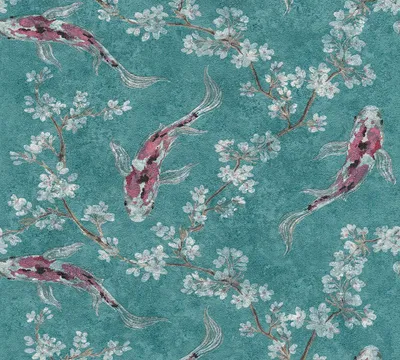 Produktbild von A.S. Création asiatische Tapete mit Kois Asian Fusion Vliestapete blau grün rot 10,05 m x 0,53 m
