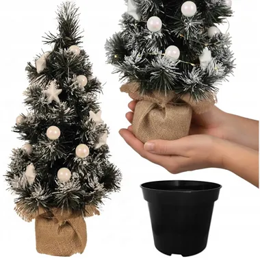 Image de Petit sapin de Noël artificiel, 65 cm, arbre de Noël recouvert de neige avec des décorations blanches dans un pot en jupe