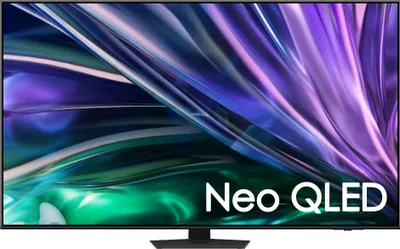 A Samsung Neo QLED smart TV is displayed on a stand, showcasing a colorful abstract image on its screen.