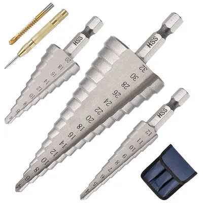 Imagen del producto de Juego de brocas escalonadas HSS con revestimiento de titanio, de 4 a 32 mm, para perforar metal y madera