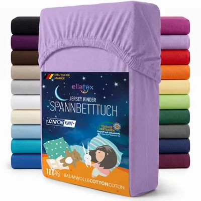 Produktbild von EllaTex Jersey Kinder Spannbettlaken 70x140 Baumwolle – weich & atmungsaktiv, Spannbetttuch für Babybett, in Farbe: Lila