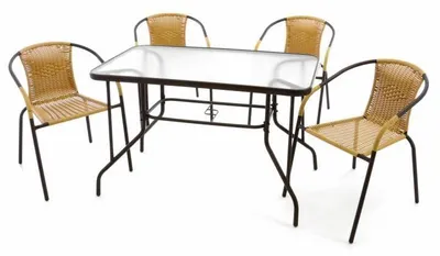 Obrázek produktu pro Zahradní set, 4 židle a skleněný stůl, polyratan, béžový