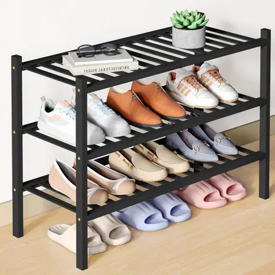 Immagine prodotto di Scaffale per scarpe in bambù, 3 ripiani, nero, impilabile, salvaspazio