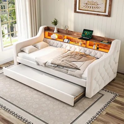 Produktbild von Zerbaco Sofabett 90x190 cm, aus Samt mit Stauraum, LED und USB-C, mit Lattenrosten, stabilem Rahmen, Beige