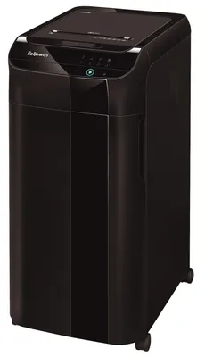 A black Fellowes Automax 350C paper shredder is shown from a front-facing angle.