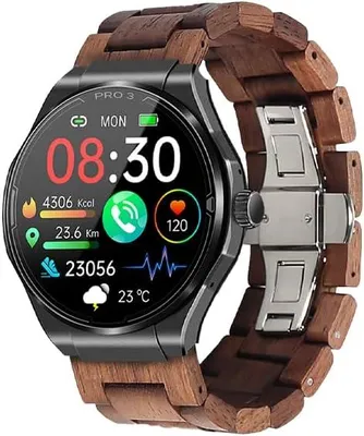 Knauermann PRO 3 2024 Smartwatch Herren Damen Gesundheitsuhr mit Telefonfunktion ECG HRV SOS AMOLED Display Schwarz Braun Holzoptik