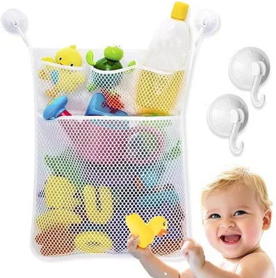 Image de Organisateur en filet pour jouets de bain, avec 4 pinces - Pour salle de bain