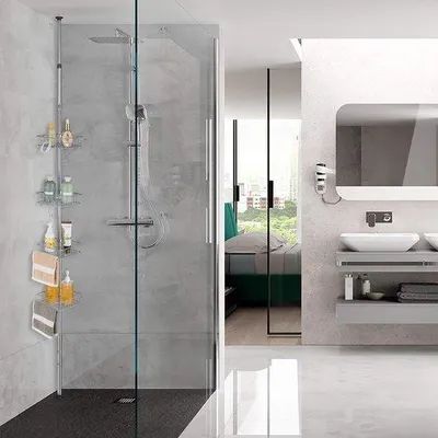 Immagine prodotto di Uniqoos® Scaffale angolare telescopico per il bagno – ripiano doccia regolabile in altezza da 73 a 302 cm, in metallo resistente alla ruggine, con 4 cesti e 2 ganci, senza necessità di foratura