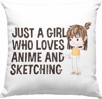 Trendation - Anime Deko-Kissen mit Füllung 40x40 Geschenk Geschenkidee Just A Girl Who Loves Anime And Sketching Zeichnen Mädchen (Grau)