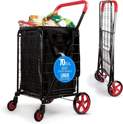 Produktbild von SereneLife Einkaufstrolley, Einkaufswagen, Shopping Trolley Klappbar mit 50L Kapazität, Einkaugstasche mit Rollen, Treppensteiger bis 32kg Belastbar