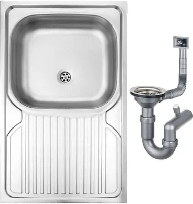 A stainless steel sink and a drain pipe assembly are shown against a white background.