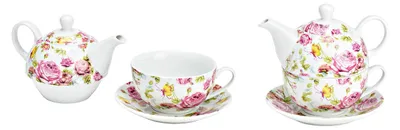 Productafbeelding van Theepot met kopje, rozenmotief van porselein pink/roze (B/H/D) 17x15x15cm 400/200ml