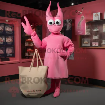 Imagen del producto de Personaje REDBROKOLY de disfraz de mascota Pink Lobster Bisque vestido con un vestido recto y bolsos de mano