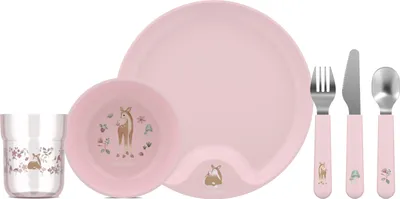 A set of children's tableware, including a cup, bowl, plate, fork, knife, and spoon, all with a pink theme and woodland creature illustrations.
