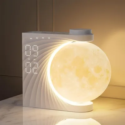 Produktbild von Mondlampe mit Tageslichtwecker, 2 Wecker, Mondlicht RGB 8 Colors, 10 Natürlicher Klang, Wake up Light, Nachttischlampe 3 Stufige Nachtlicht