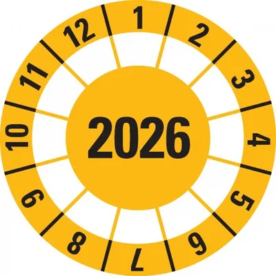 Produktbild von Dreifke® Prüfplakette 2026, gelb, Dokumentenfolie, selbstklebend, Ø40mm, 10 S...