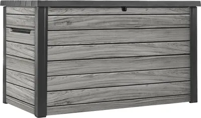 A storage box with a wood-like texture.