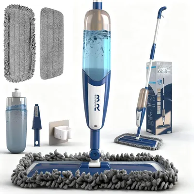 Productafbeelding van Spraymopp met 360° draaikop, geschikt voor zowel nat- als droogreinigen, 500 ml, met 2 wasbare pads, blauw-wit