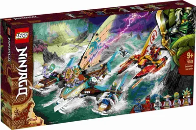 The product packaging for a LEGO Ninjago set, depicting a battle scene on water with toy boats and characters.