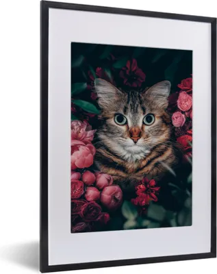Produktbild von MuchoWow® Gerahmtes Poster Katze - Blumen - Blätter - Botanisch 30x40 cm - Poster mit Schwarzem Bilderrahmen Wandposter Rahmen Foto Bilder - Wandposter Schlafzimmer