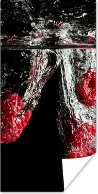 Produktbild von MuchoWow® Poster Himbeeren - Obst - Stilleben - Wasser - Schwarz - Rot 60x120 cm - Wandschmuck