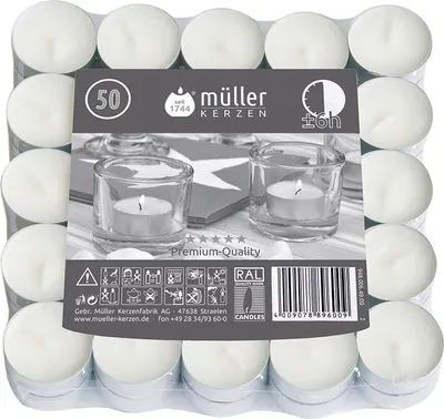 Productafbeelding van Müller Thee-kaarsen, set van 50 stuks - lange brandduur van 6 uur - witte kleur - kaarsen in een aluminium bekertje