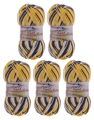 5 x 100g Farbverlaufsgarn Robin Color Antipilling Winterwolle gelb-grau-weiß