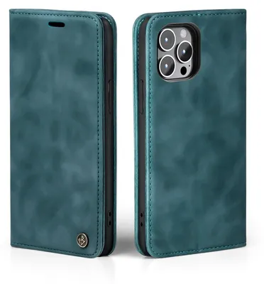 Two views of a teal flip phone case for an iPhone 14 Pro.