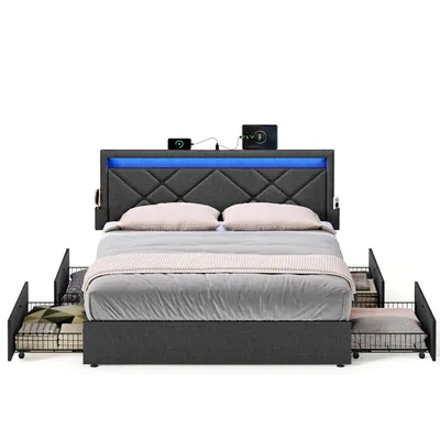 Obrázek produktu pro VASAGLE Dvojlůžkový rám, postel, 180 x 200 cm, LED, kovová postel, 4 zásuvky, nabíjecí stanice, polstrované čelo s nastavitelnou výškou, břidlicově šedá