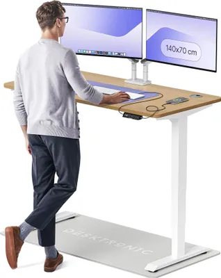 Zdjęcie produktu dla Desktronic HomePro biurko z elektryczną regulacją wysokości 140x70 cm lity dąb/biały z funkcją pamięci, technologią antykolizyjną, portami ładowania USB-A i USB-C