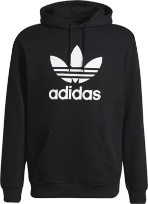 A black Adidas hoodie with the Trefoil logo and brand name printed in white on the chest.