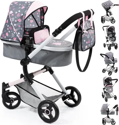 Image de Poussette de poupée combinée Vario grise/rose avec des cœurs