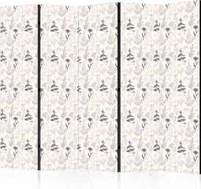Produktbild von 5-teiliger Doppelseitiger Vlies Paravent - Botanical Illustration - Drawing of Flowers and Herbs - Beige Grays 225x172 cm Blumen b-B-10453-z-b