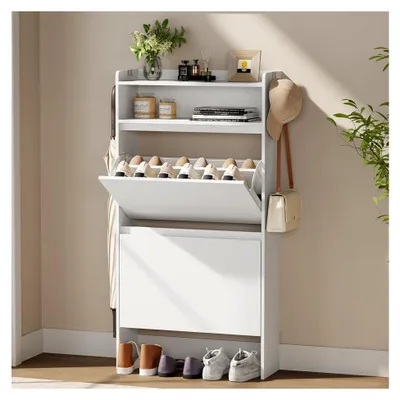 Produktbild von Schuhschrank 2 Klappen, Schuhregal, offenes Fach, Schuhkommode Schuhregal mit Trennwände verstellbar und abnehmbar, für 10-15 Paar Schuhe, Flur, 60 x 22 x 112 cm, weiß