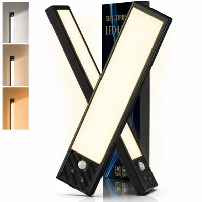 Produktbild von 2er-Set LED-Unterbauleuchten, 23 cm Schrankleuchten mit Bewegungsmelder, USB-C wiederaufladbar, 3 Lichtfarben, 3 Helligkeitsstufen, kabellos, Schwarz
