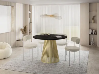 Produktbild von Esstisch Rund Ausziehbar mit Lamellen im Loft-Stil – 120 bis 200 cm – Industrieller Tisch mit Goldenen Metallbeinen, Platzsparend für Wohnzimmer oder Esszimmer – Marmor Schwarz