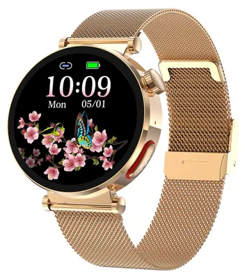 A close-up shot of a gold smartwatch with a floral watch face.