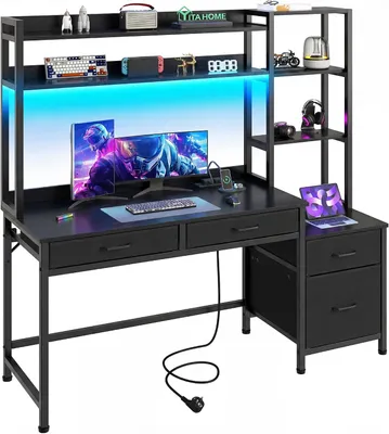Produktbild von YITAHOME Computertisch LED Schreibtisch mit 4 Schubladen, Steckdose, Aufbewahrungen & Regale, 150x50x150 cm, Schwarz